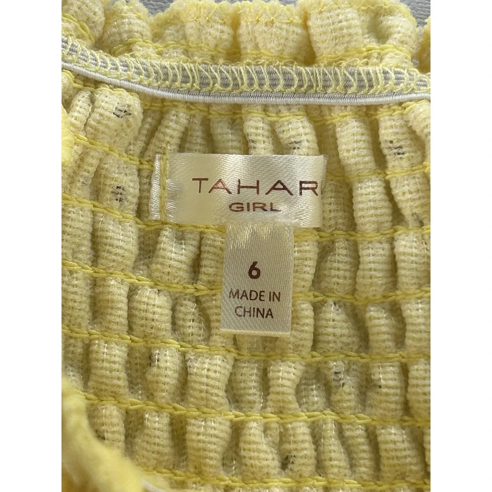 Tahari Girl Romper Size 6 Yellow Eyelet Smocked Puff Sleeve Belted Pockets New